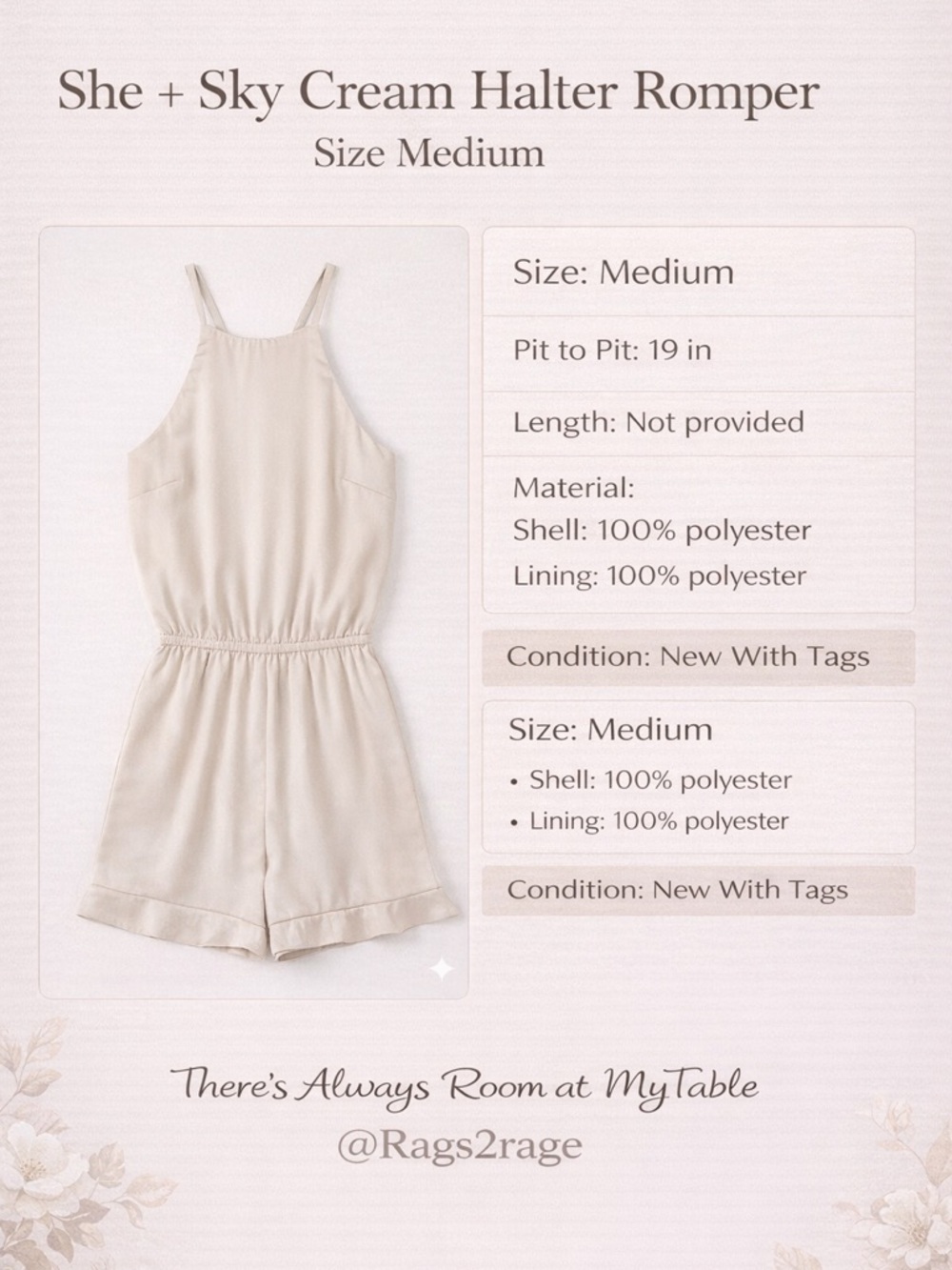 She + Sky Cream Halter Romper Medium NWT Flowy Lined Summer